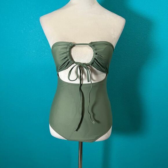 NWT Aerie Ruched Cut Out One Piece Swimsuit Women's Olive Fun Size XS Long - Picture 3 of 6